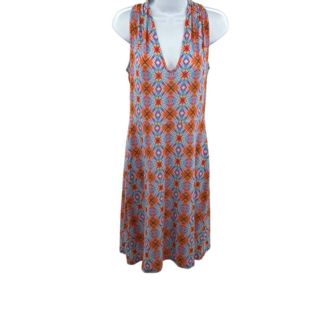 Viereck Orange Blue Geometric V-Neck Racerback Midi Dress Womens Medium